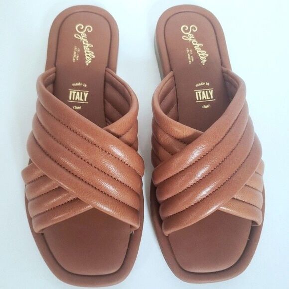 Seychelles Word For Word Slide Sandals Flat  Tan Leather Size 6 Made In Italy - Picture 1 of 6